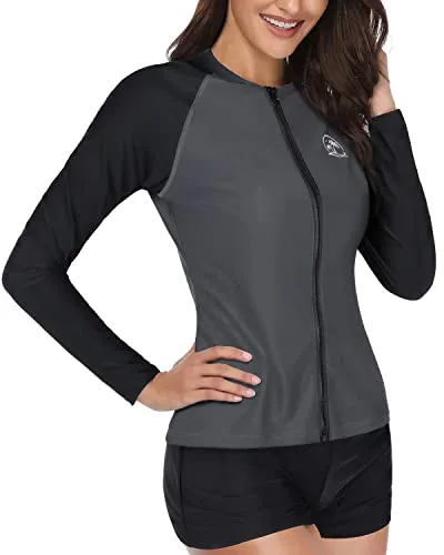 2 Piece Women Rash Guard Swimsuit Long Sleeve Zipper Bathing Suit-Grey And Black