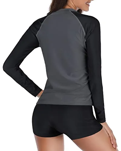 2 Piece Women Rash Guard Swimsuit Long Sleeve Zipper Bathing Suit-Grey And Black