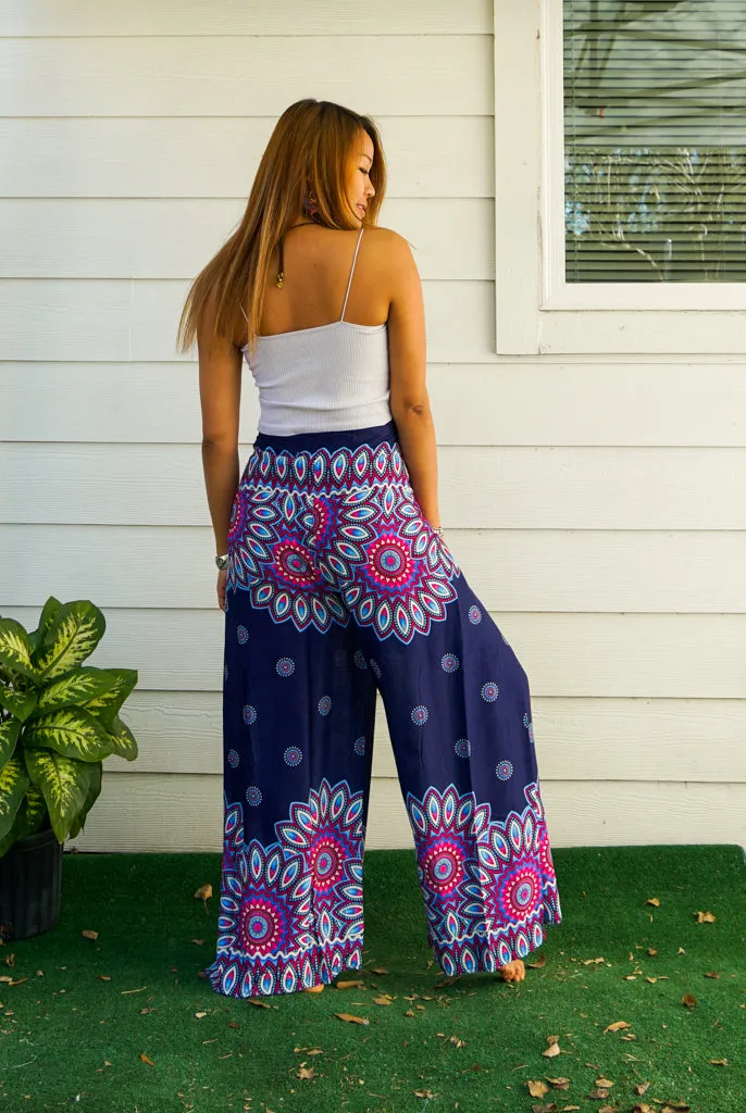 Blue Floral Mandala Palazzo Wrap Pants