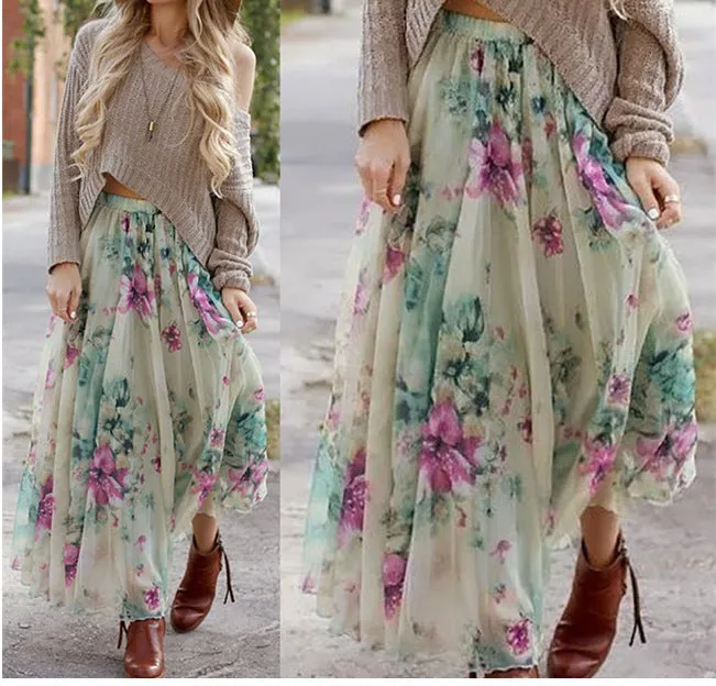 Bohemian Flower Print High Waist Long Maxi Beach Swing Skirt