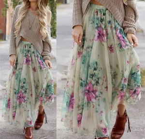 Bohemian Flower Print Wide Flare Maxi Skirt