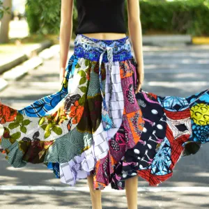 Bohemian Handmade Patchwork African Tiered Skirt Pure Wax Cotton Midi Ruffled Skirt With Head Scarf With Bow Tie Skirt With Pockets [ASSORTMENTS]