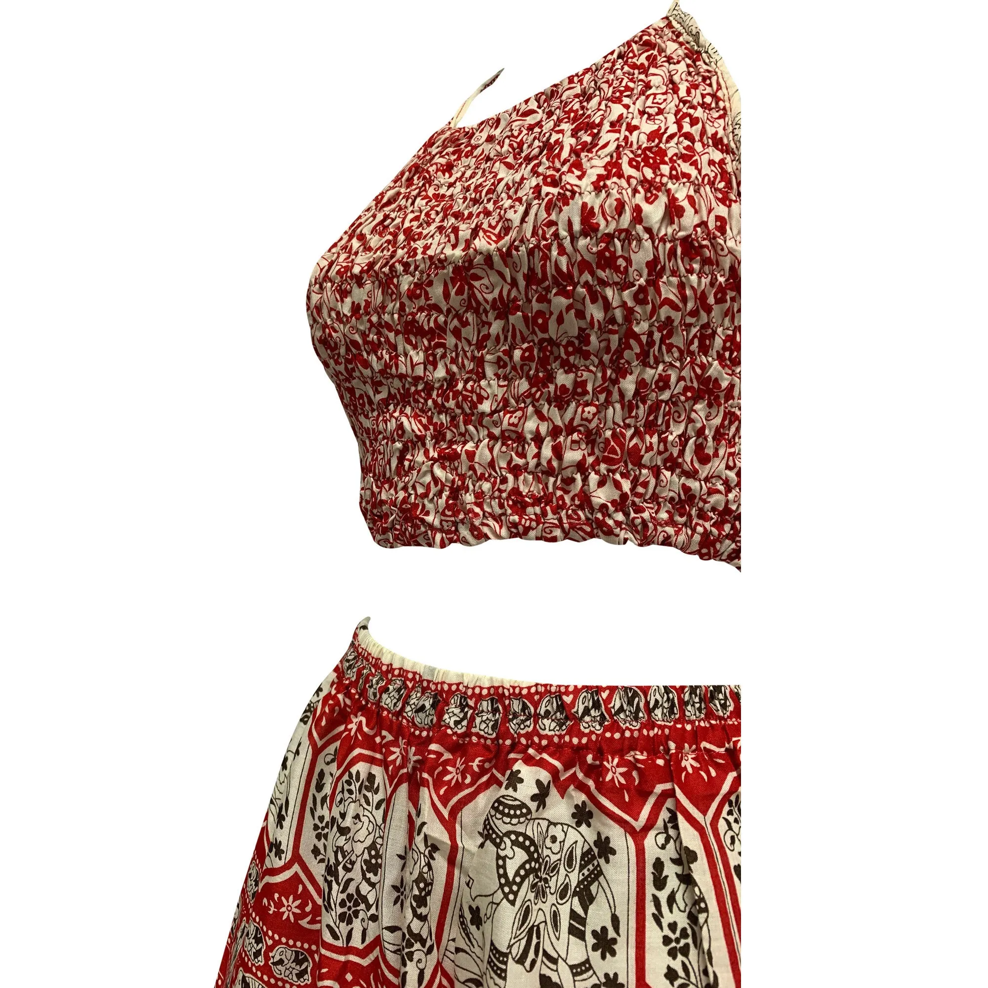 Boho Halter Crop Top and Shorts Two Piece Outfit Ethnic Elephant Print Summer Beach Matching Set