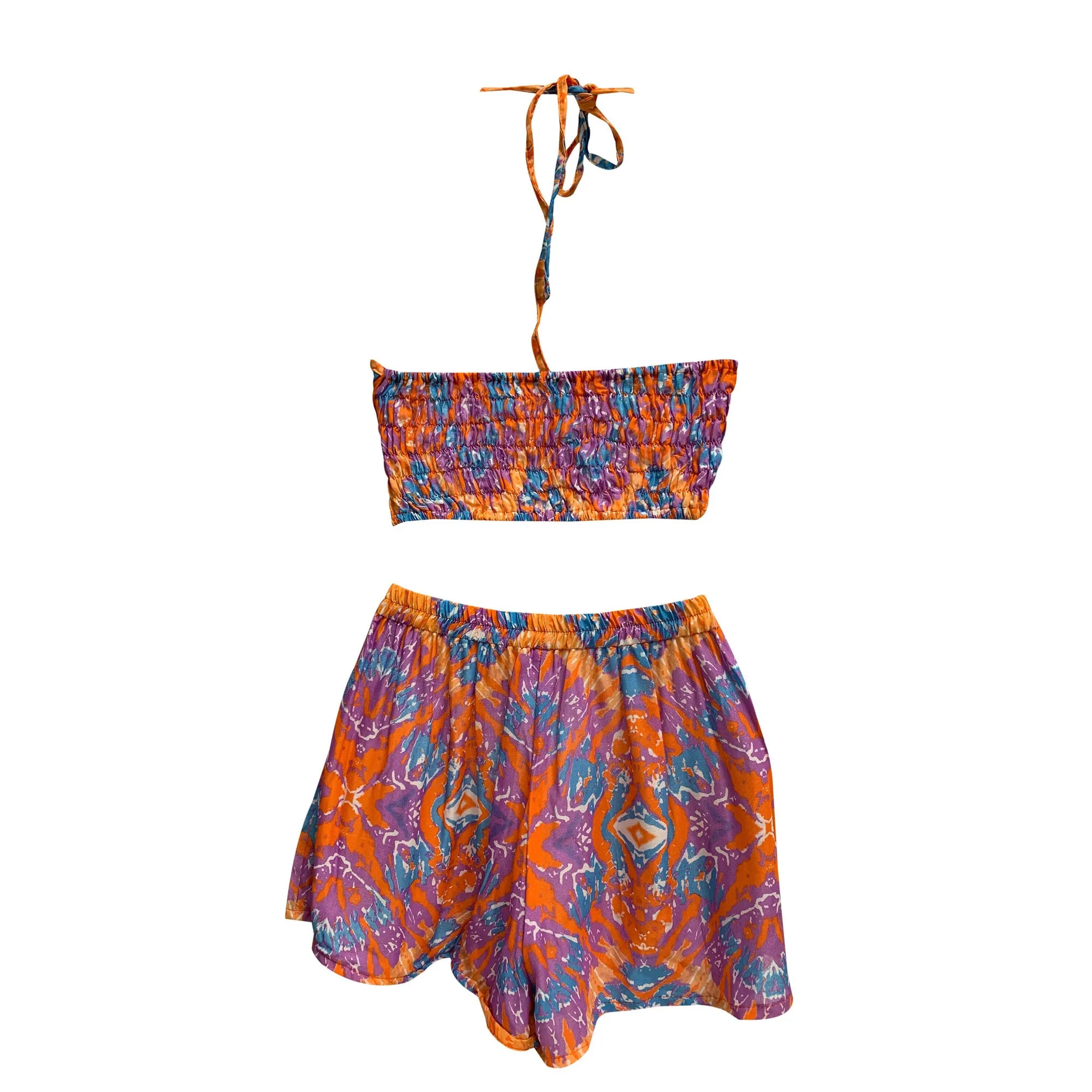 Boho Halter Crop Top and Shorts Two Piece Outfit Ethnic Elephant Print Summer Beach Matching Set