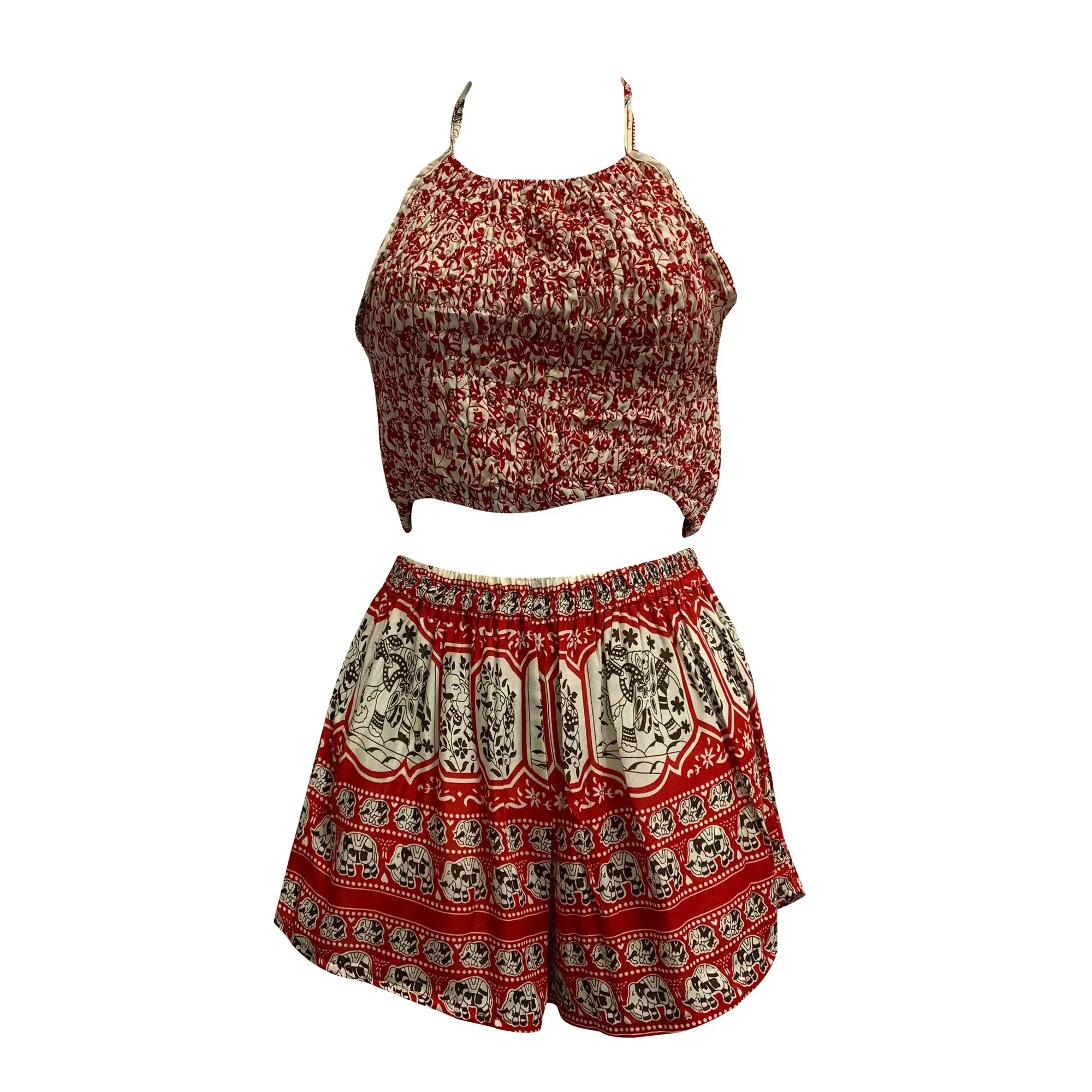 Boho Halter Crop Top and Shorts Two Piece Outfit Ethnic Elephant Print Summer Beach Matching Set