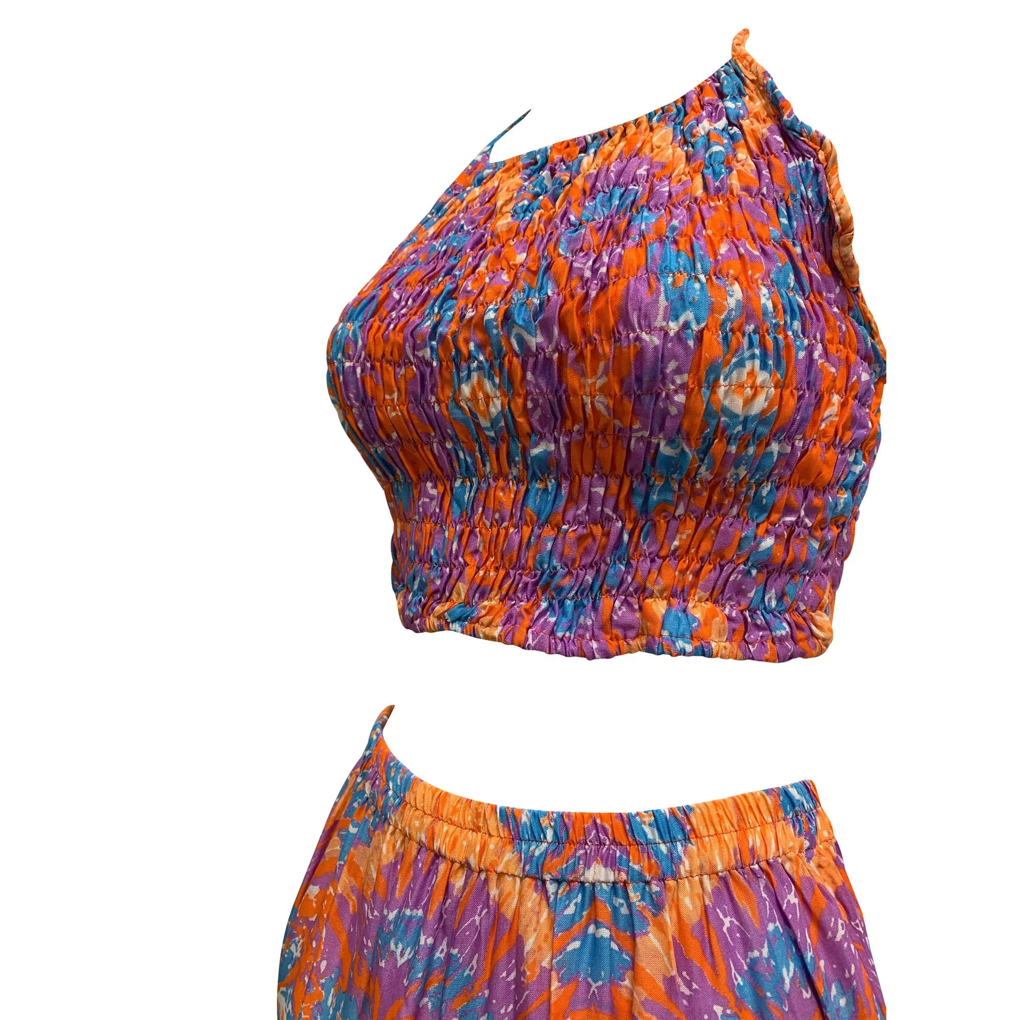 Boho Halter Crop Top and Shorts Two Piece Outfit Ethnic Elephant Print Summer Beach Matching Set