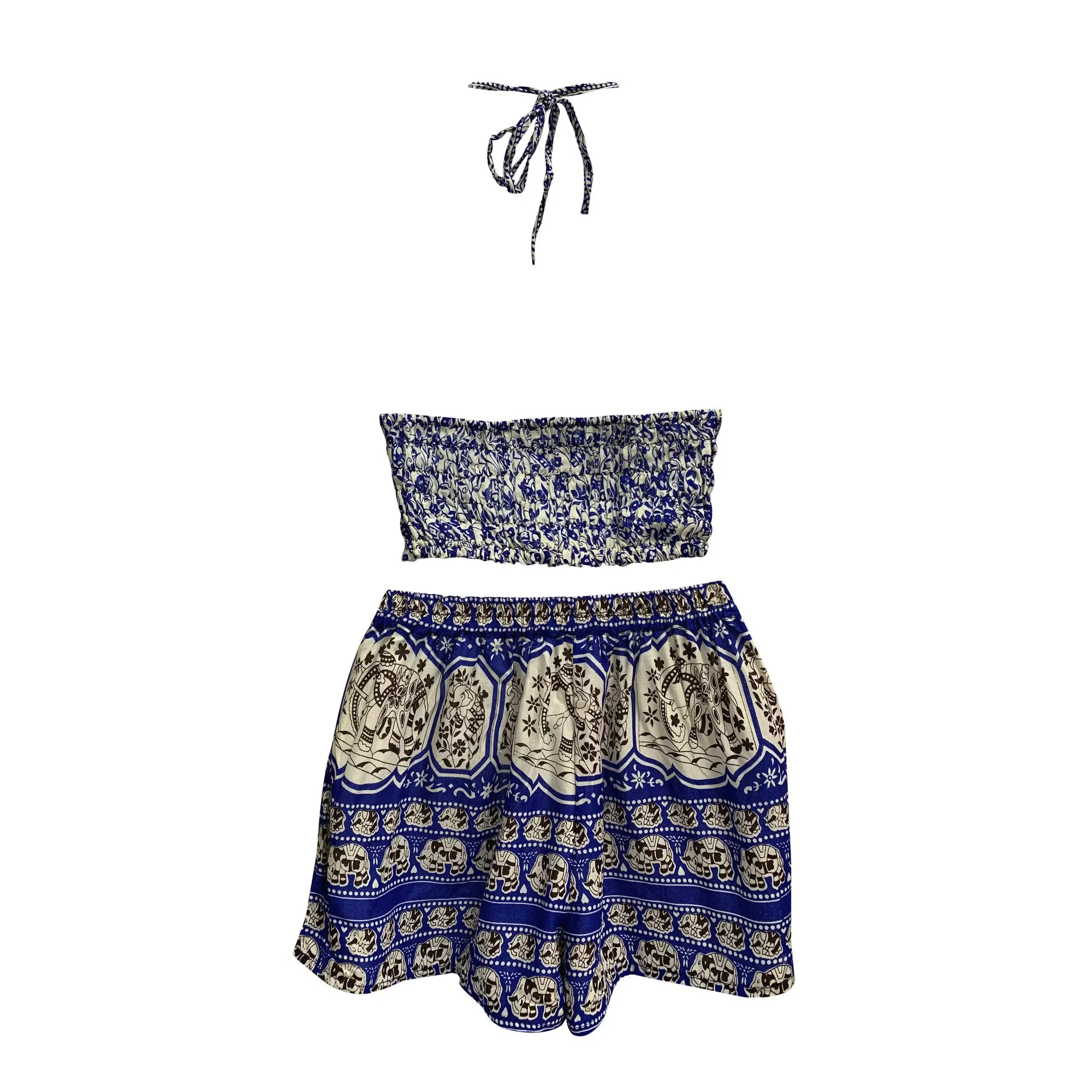 Boho Halter Crop Top and Shorts Two Piece Outfit Ethnic Elephant Print Summer Beach Matching Set