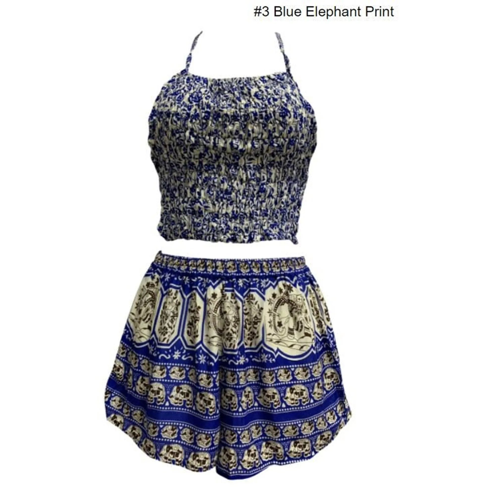 Boho Halter Crop Top and Shorts Two Piece Outfit Ethnic Elephant Print Summer Beach Matching Set