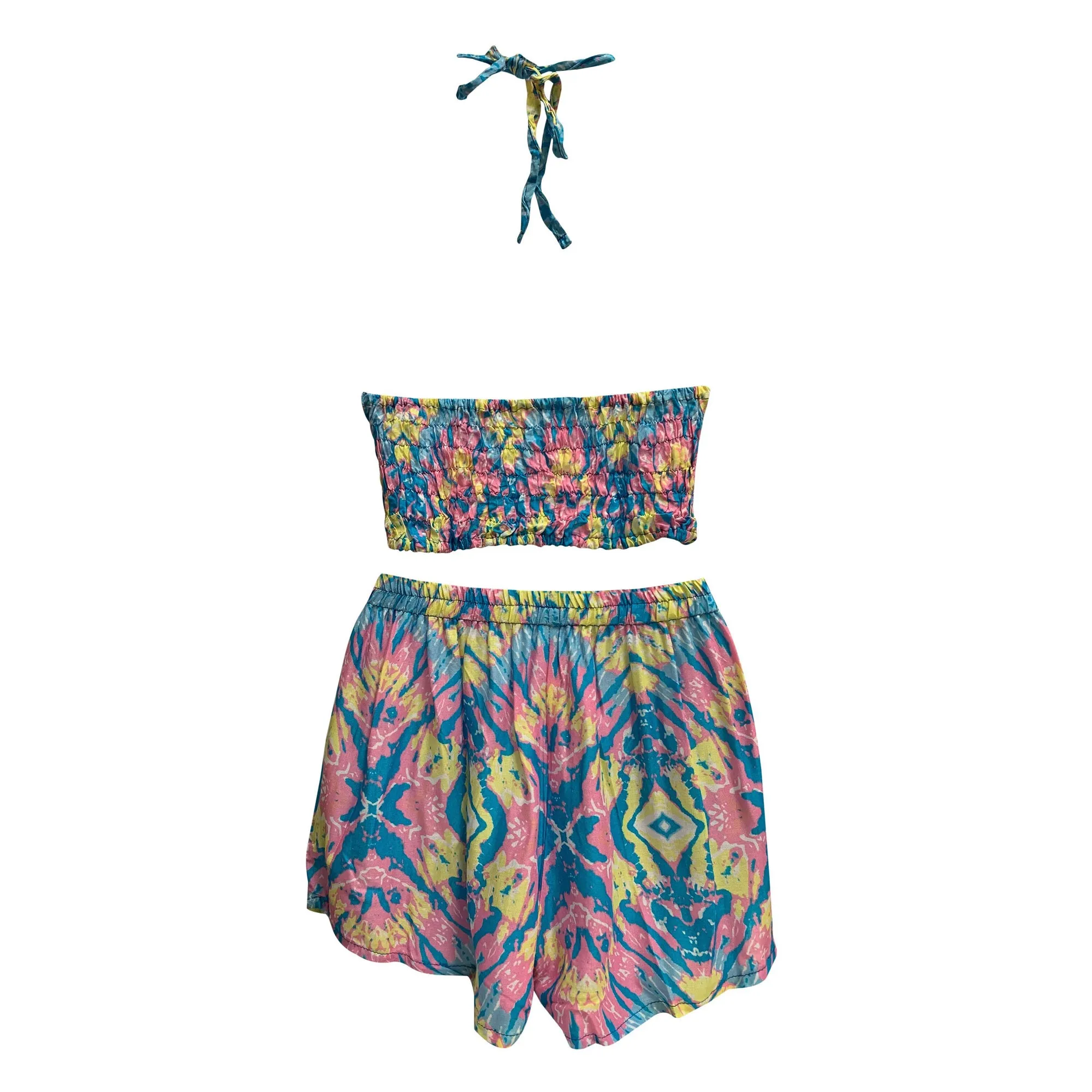 Boho Halter Crop Top and Shorts Two Piece Outfit Ethnic Elephant Print Summer Beach Matching Set