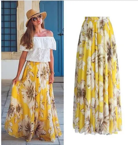 Clearance Bohemian Flower Print Wide Flare Maxi Skirt