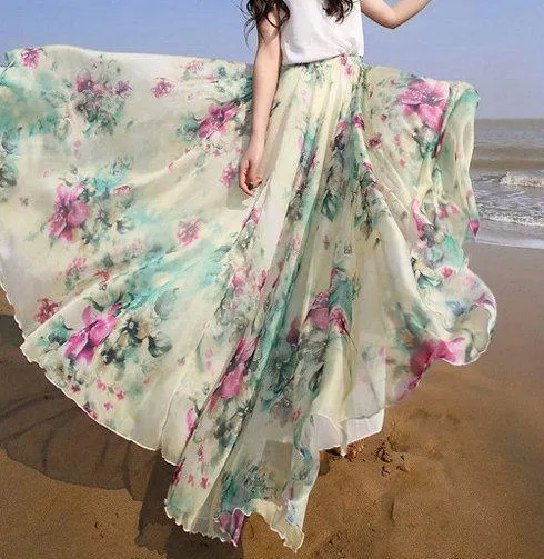 Clearance Bohemian Flower Print Wide Flare Maxi Skirt