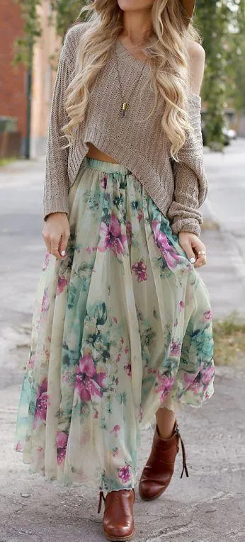 Clearance Bohemian Flower Print Wide Flare Maxi Skirt