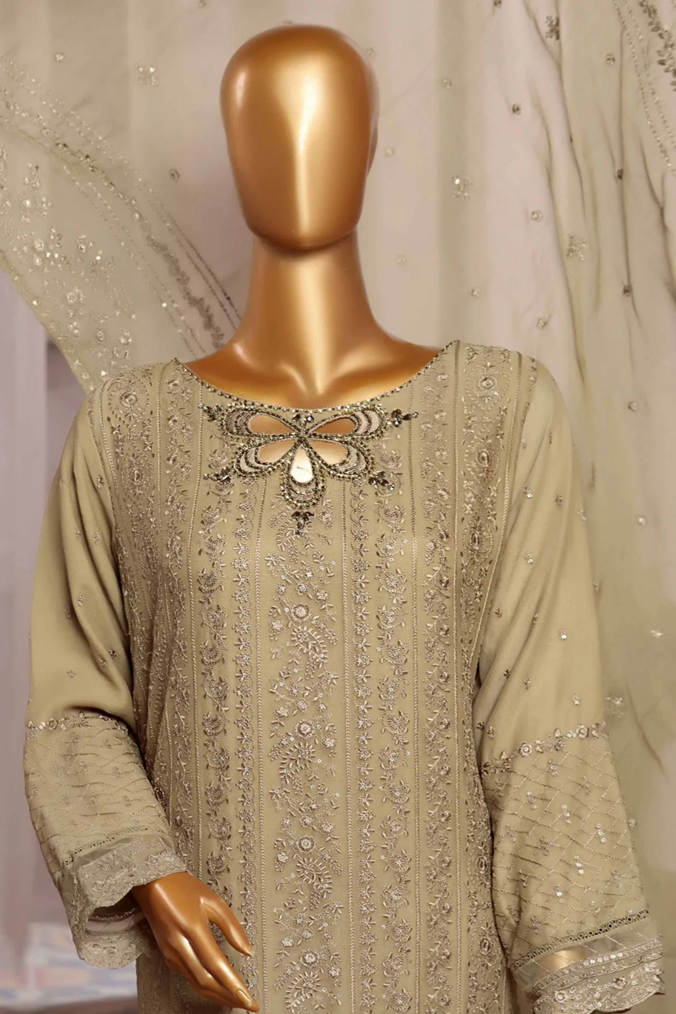 Fasaane By HZ Stitched 3 Piece Formals Chiffon Vol-06 Collection'2024-HZK-184-Beige