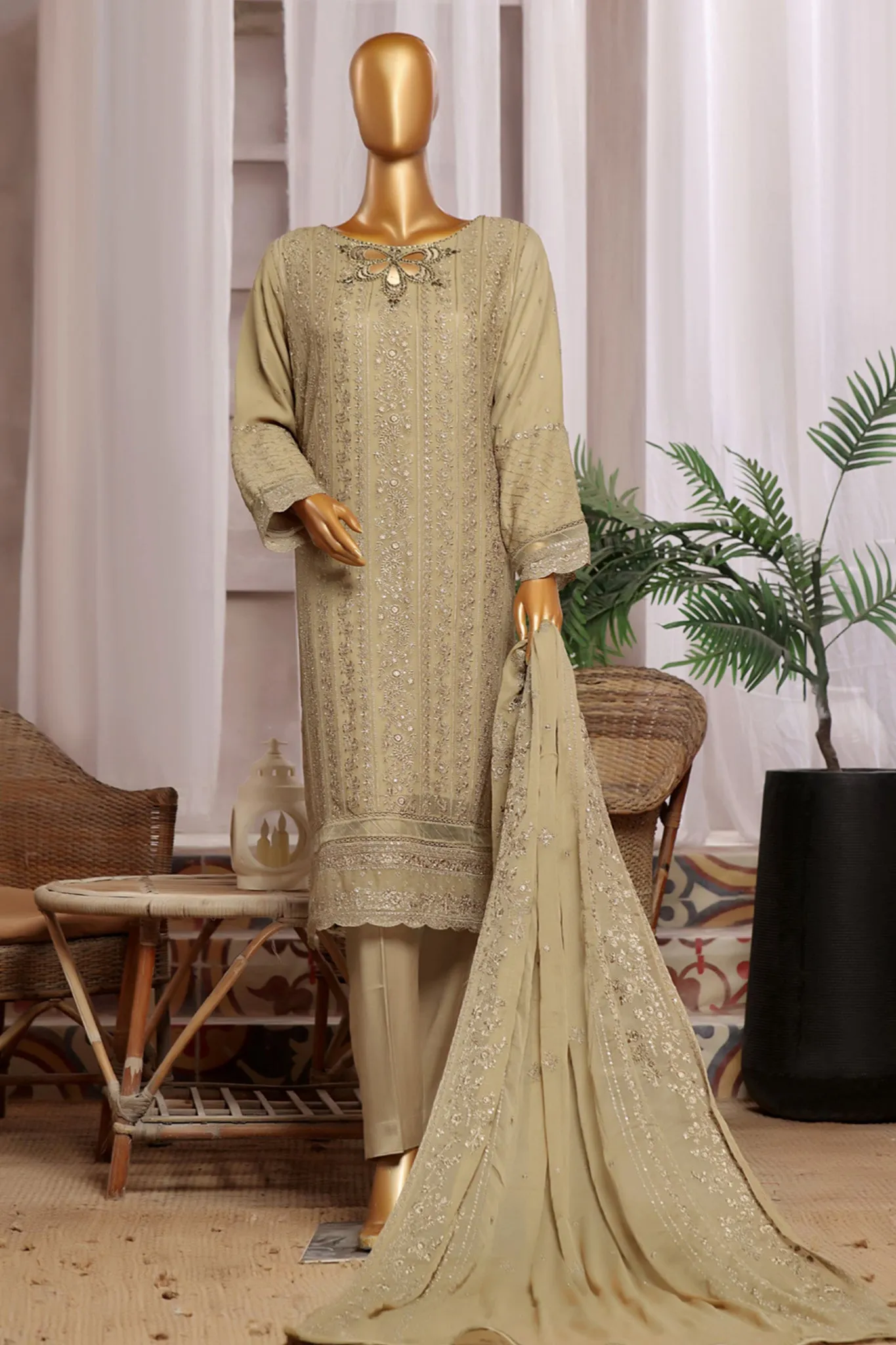 Fasaane By HZ Stitched 3 Piece Formals Chiffon Vol-06 Collection'2024-HZK-184-Beige