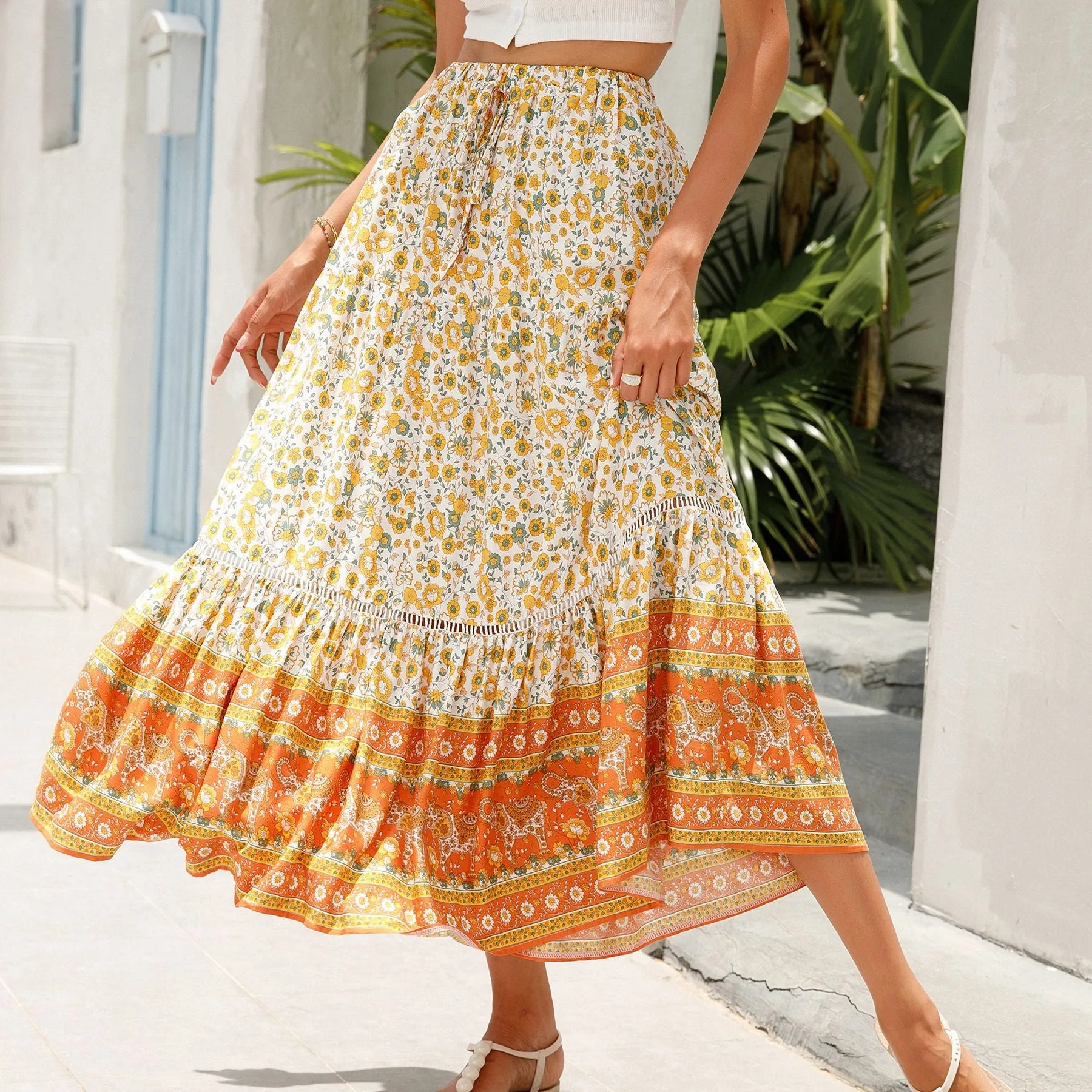 Flower Printed Ruffled Swing Vacation Bohemian Skirt Wholesale Skirts