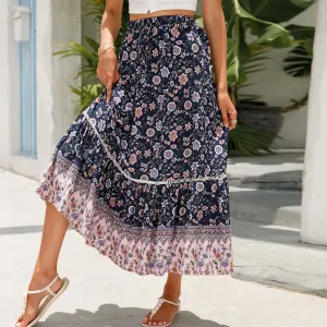 Flower Printed Ruffled Swing Vacation Bohemian Skirt Wholesale Skirts