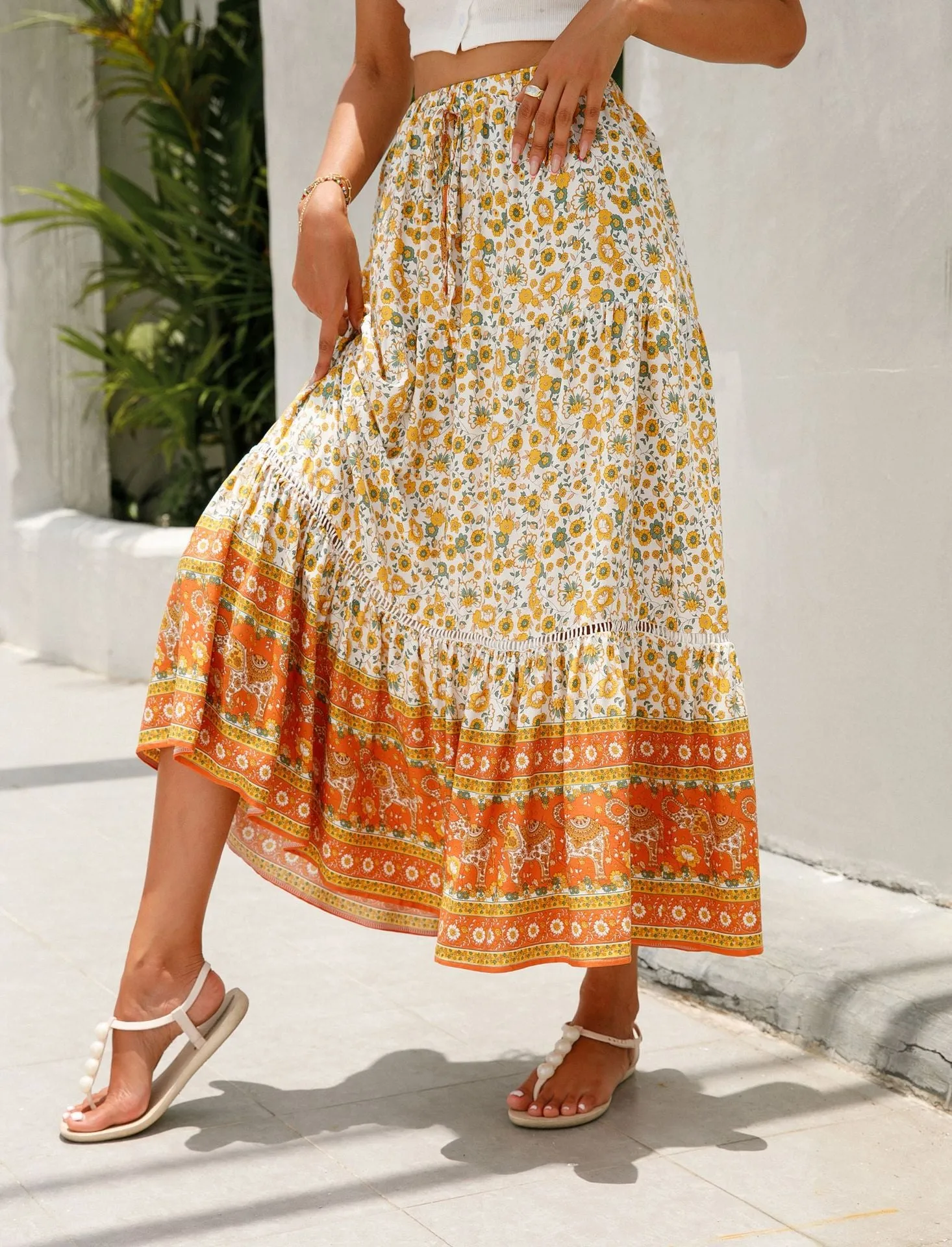 Flower Printed Ruffled Swing Vacation Bohemian Skirt Wholesale Skirts