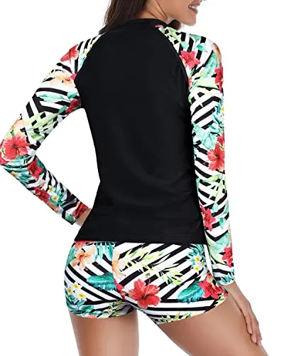 Full Coverage Long Sleeve Rash Guard For Women-Black And Striped Leaves