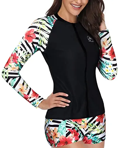 Full Coverage Long Sleeve Rash Guard For Women-Black And Striped Leaves