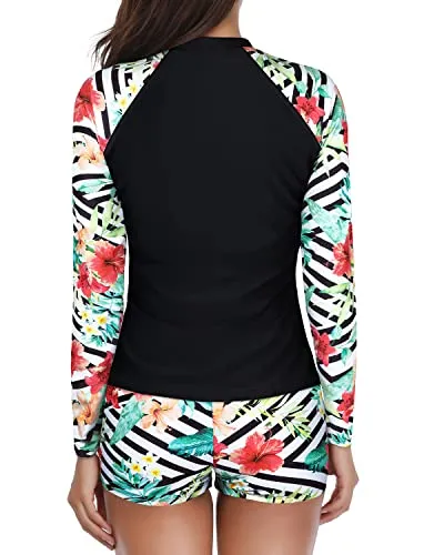 Full Coverage Long Sleeve Rash Guard For Women-Black And Striped Leaves