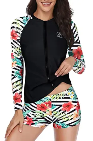 Full Coverage Long Sleeve Rash Guard For Women-Black And Striped Leaves