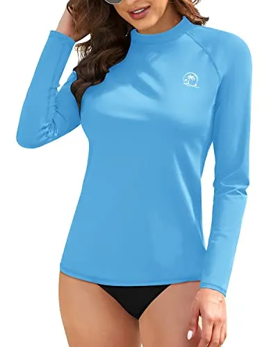 Full Coverage Sporty Rash Guard Bathing Suit Top Long Sleeve Swim Shirts For Women-Light Blue