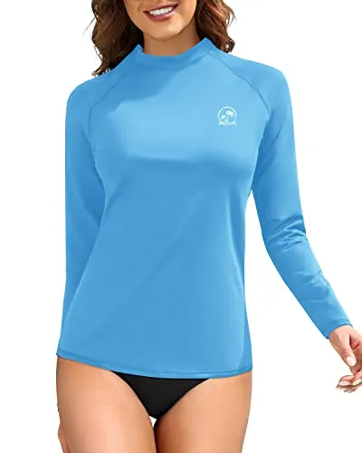 Full Coverage Sporty Rash Guard Bathing Suit Top Long Sleeve Swim Shirts For Women-Light Blue