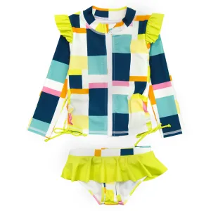 Girls Long Sleeve Rash Guard Ruffle Bottom Swimsuit Set (2 Piece) | "Check It Out"