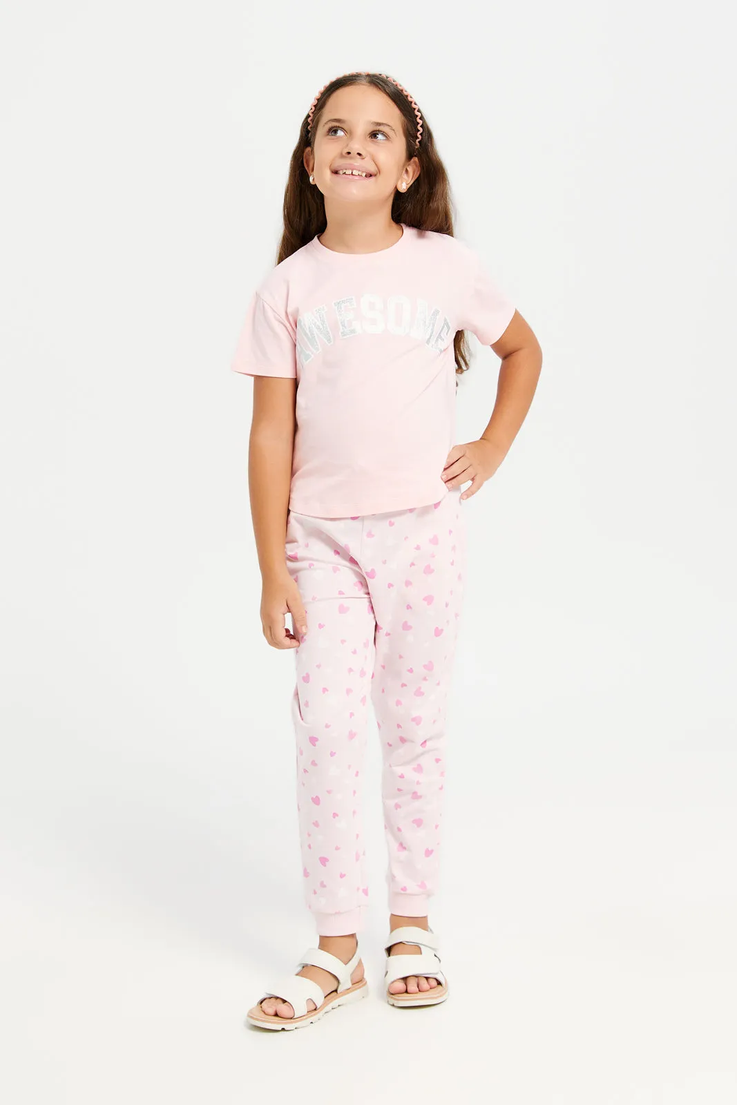 Girls Pink Hearts Printed Active Pants