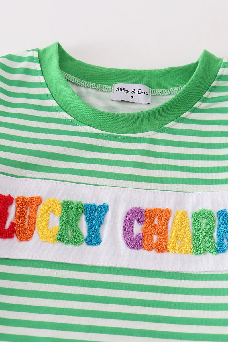 Green stripe lucky charm french knot boy set