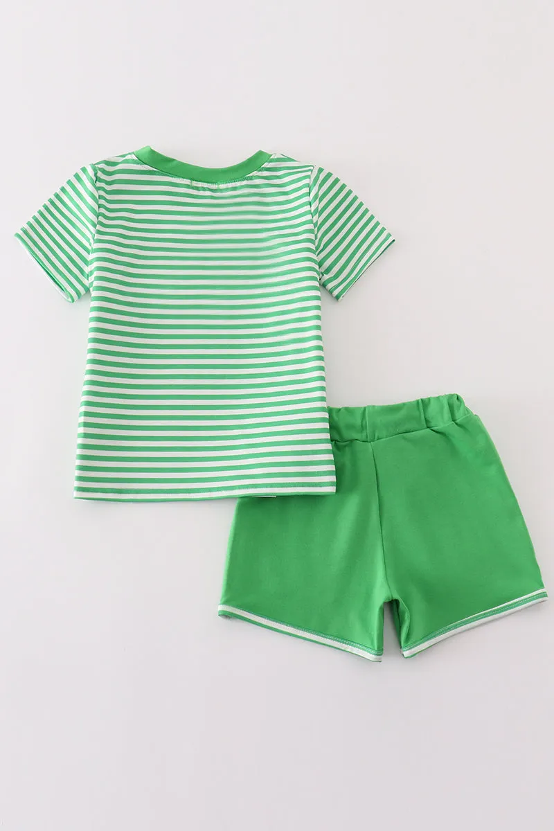 Green stripe lucky charm french knot boy set