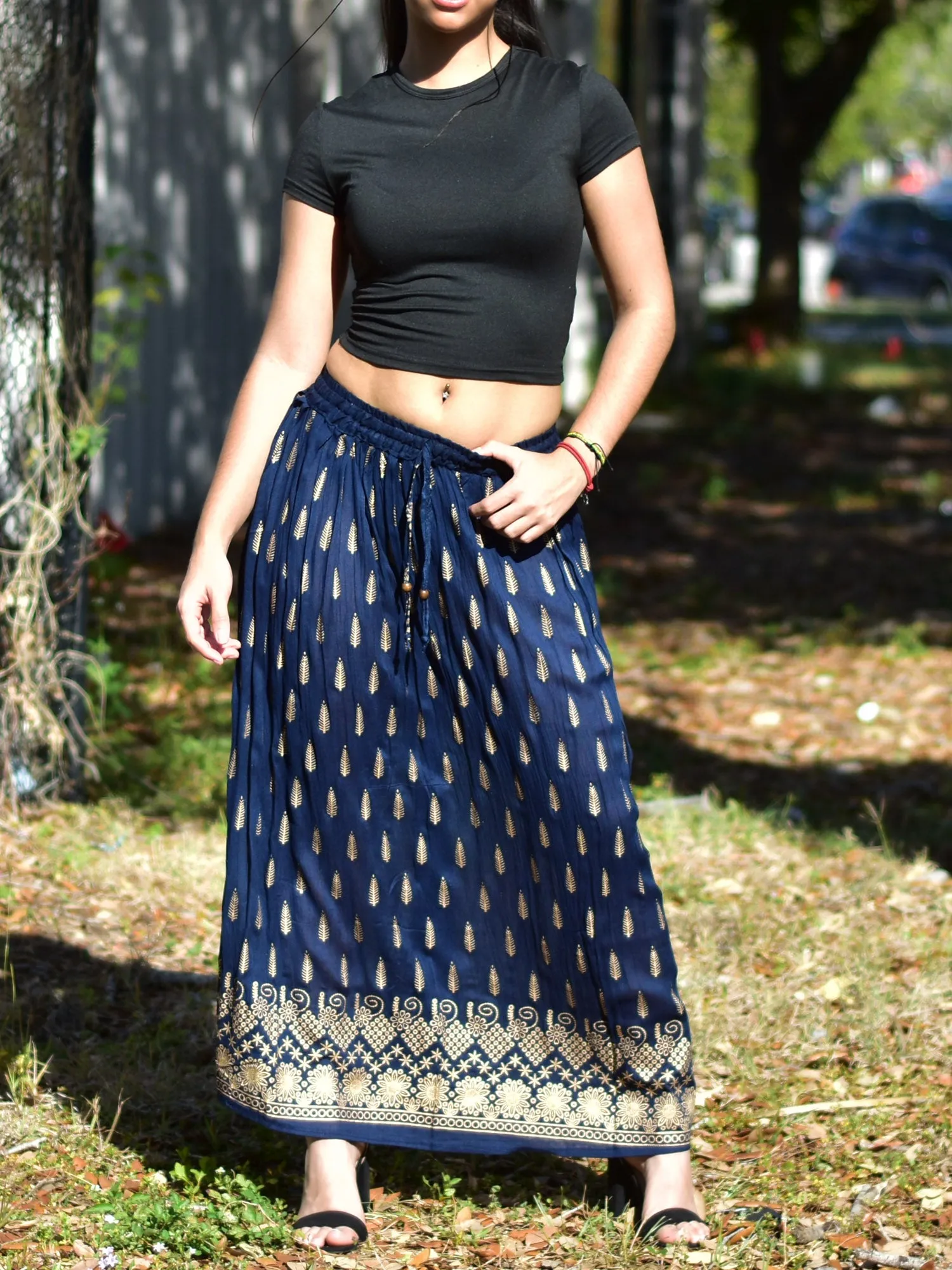 Indian Ethnic Gold Shimmering Print Crinkled Bohemian Long Skirt