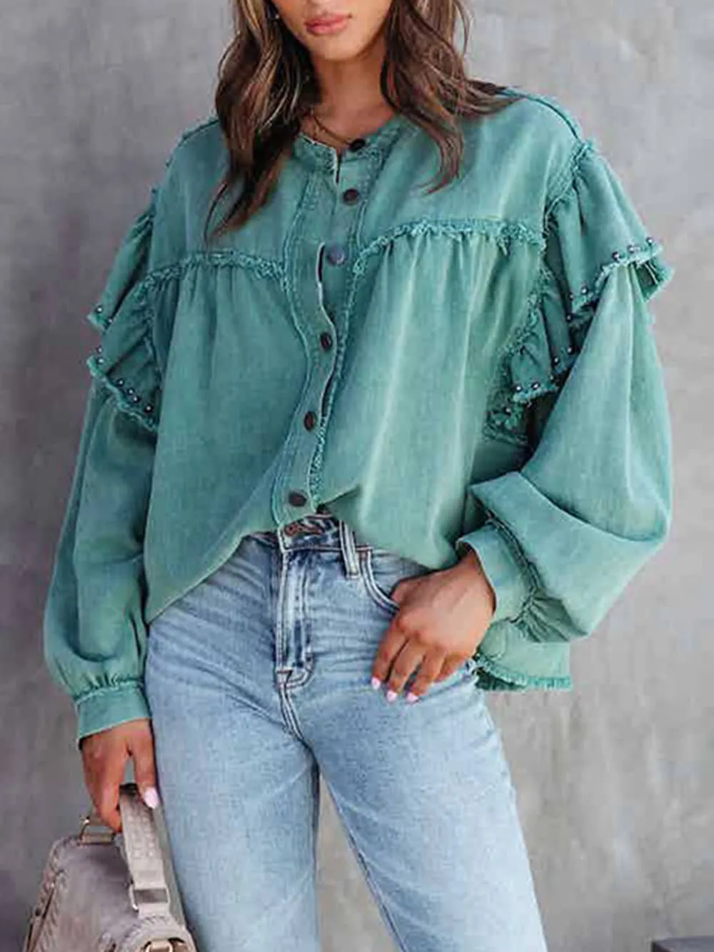 Lantern Sleeve Nail Bead Ruffled Denim Jacket Coat