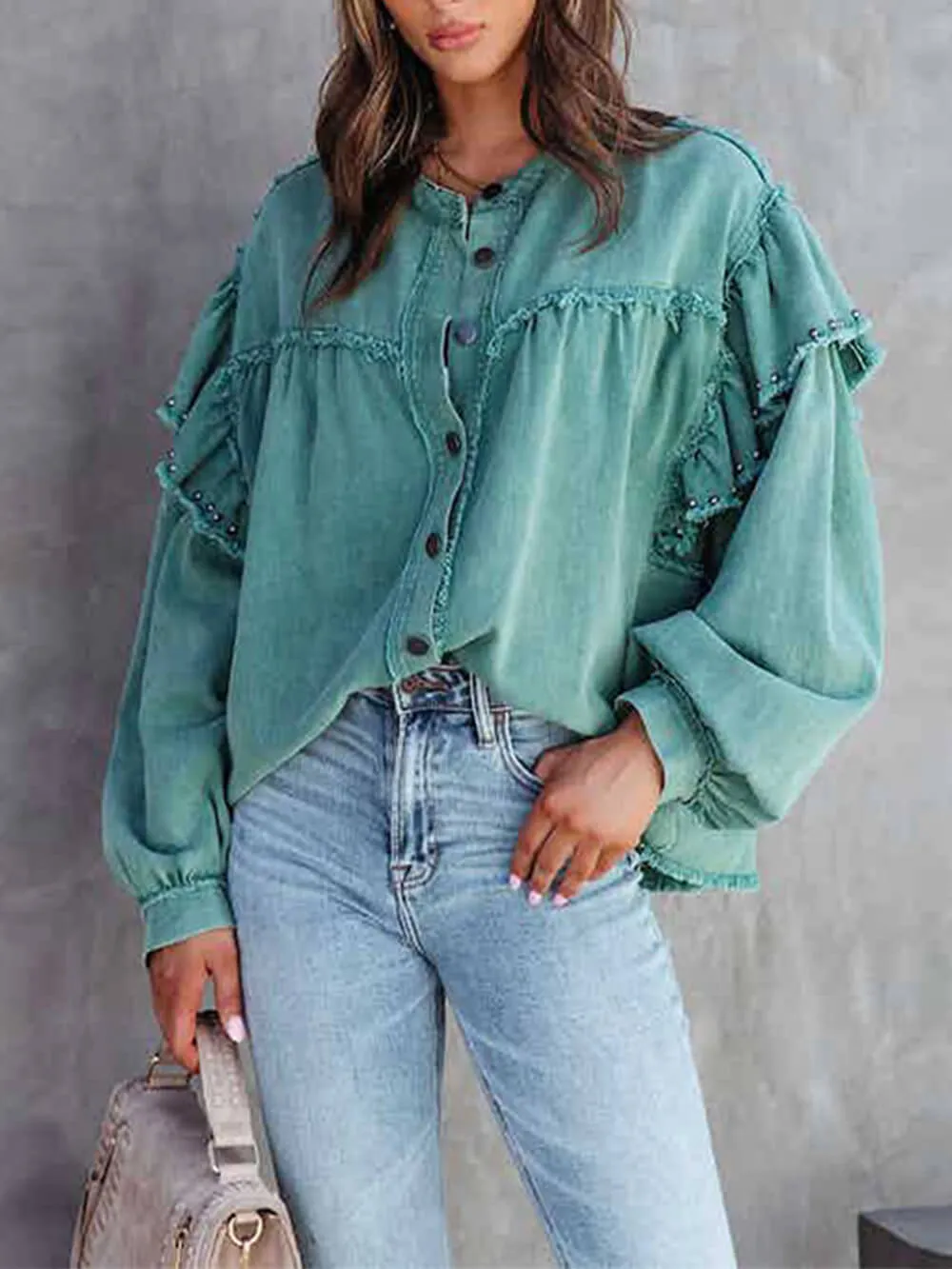 Lantern Sleeve Nail Bead Ruffled Denim Jacket Coat