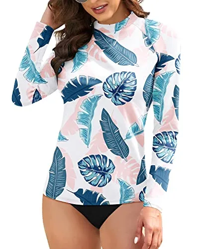 Long Sleeve Uv Upf 50  Sun Protection Swim Shirts For Women-Blue And Pink Leaf