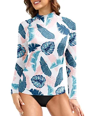 Long Sleeve Uv Upf 50  Sun Protection Swim Shirts For Women-Blue And Pink Leaf