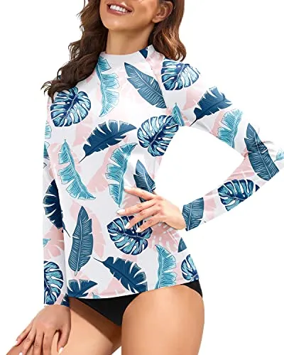 Long Sleeve Uv Upf 50  Sun Protection Swim Shirts For Women-Blue And Pink Leaf