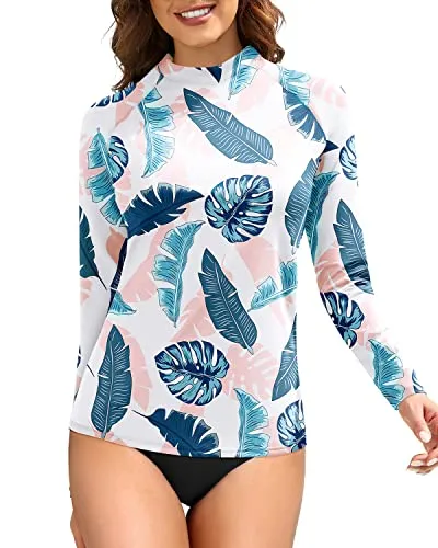 Long Sleeve Uv Upf 50  Sun Protection Swim Shirts For Women-Blue And Pink Leaf