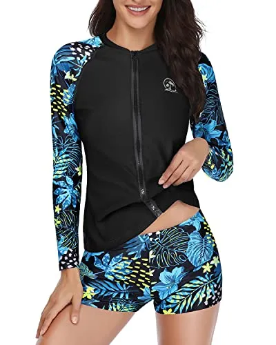 Long Sleeve Zipper Rash Guard For Women Upf 50  Swim Shirt With Shorts-Blue Leaf