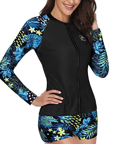 Long Sleeve Zipper Rash Guard For Women Upf 50  Swim Shirt With Shorts-Blue Leaf