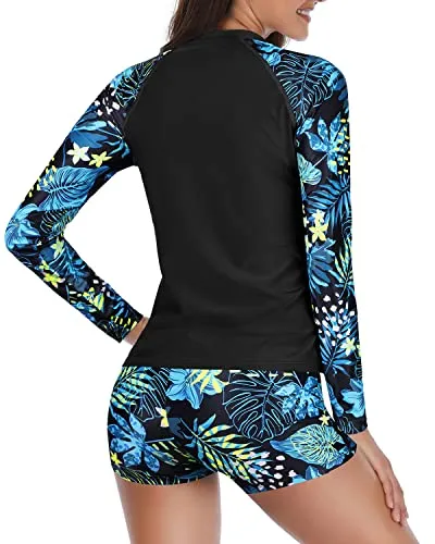 Long Sleeve Zipper Rash Guard For Women Upf 50  Swim Shirt With Shorts-Blue Leaf