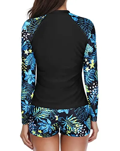 Long Sleeve Zipper Rash Guard For Women Upf 50  Swim Shirt With Shorts-Blue Leaf