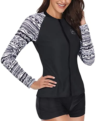 Long Sleeve Zipper Rash Guard Swimsuit UPF 50  Two Piece Bathing Suit for Women