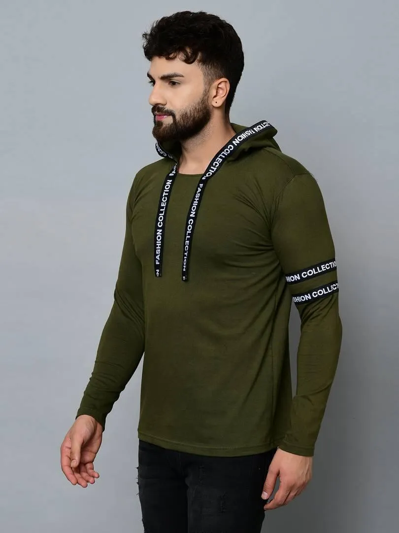 Men's Green Cotton Self Pattern Hooded Tees