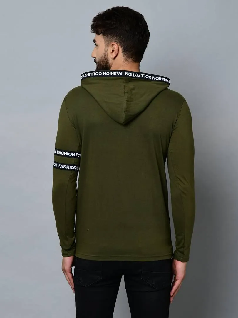 Men's Green Cotton Self Pattern Hooded Tees