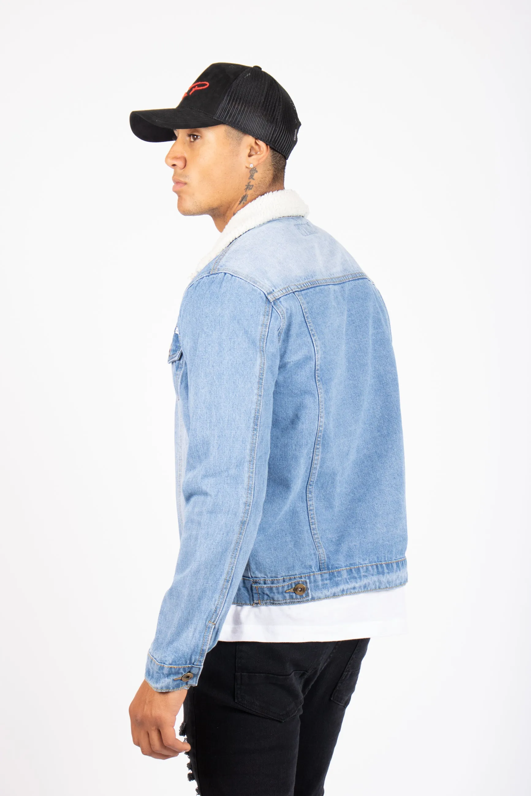 Norton Borg Collar Denim Jacket in Stonewash