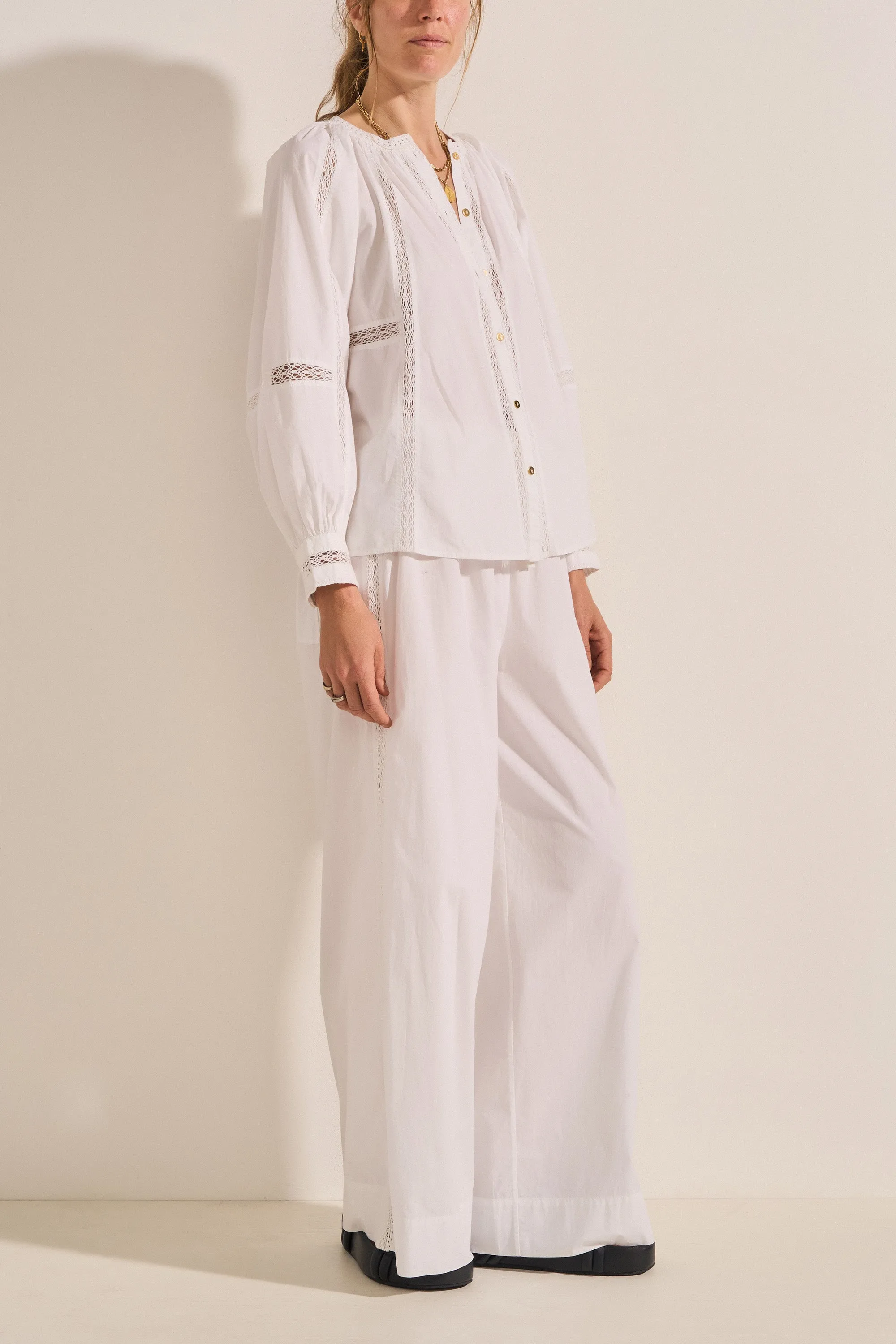 Pelias White Crochet Poplin Pants