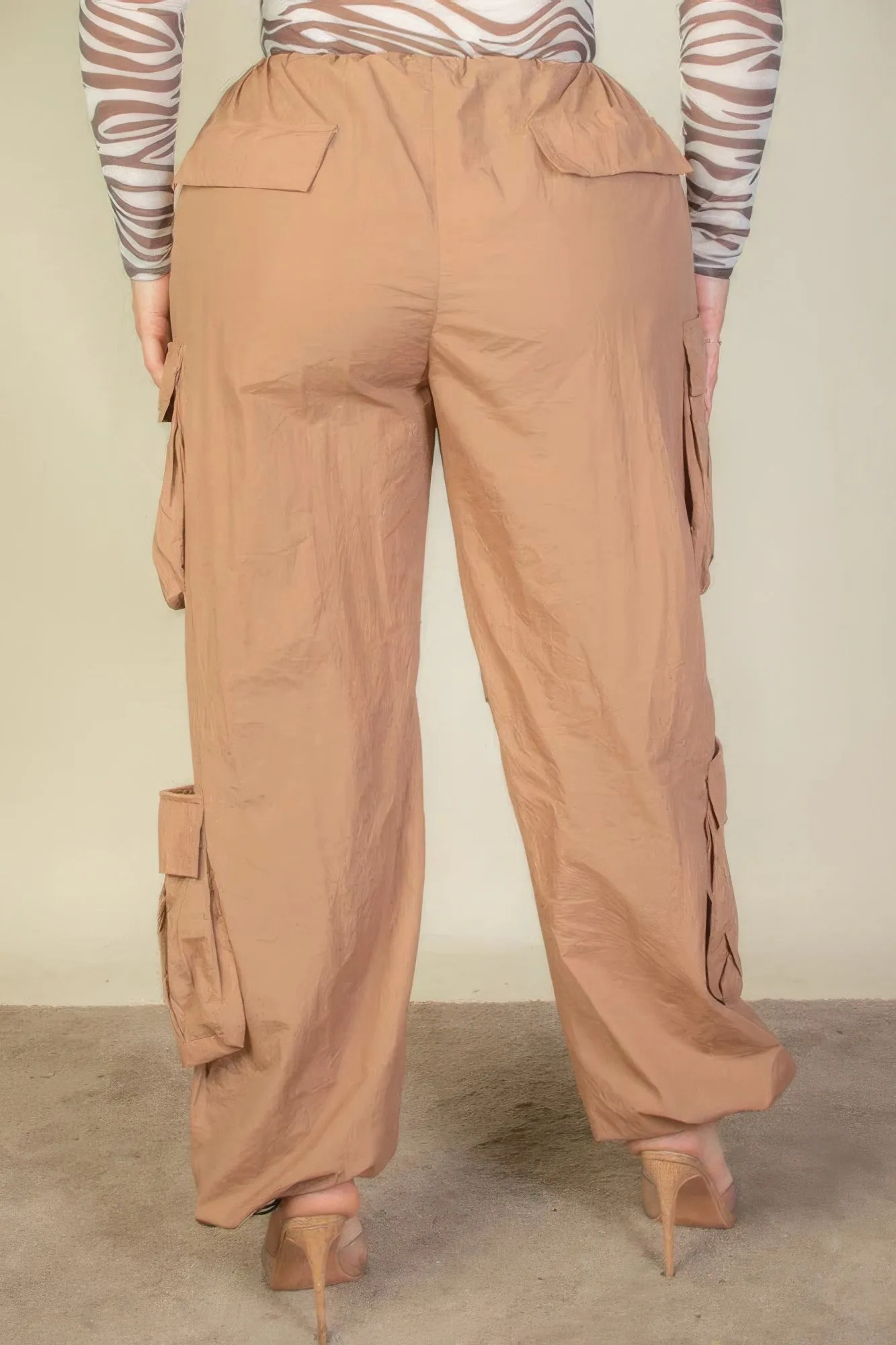 Plus Size Women Flap Pockets Drawstring Ruched Parachute Pants