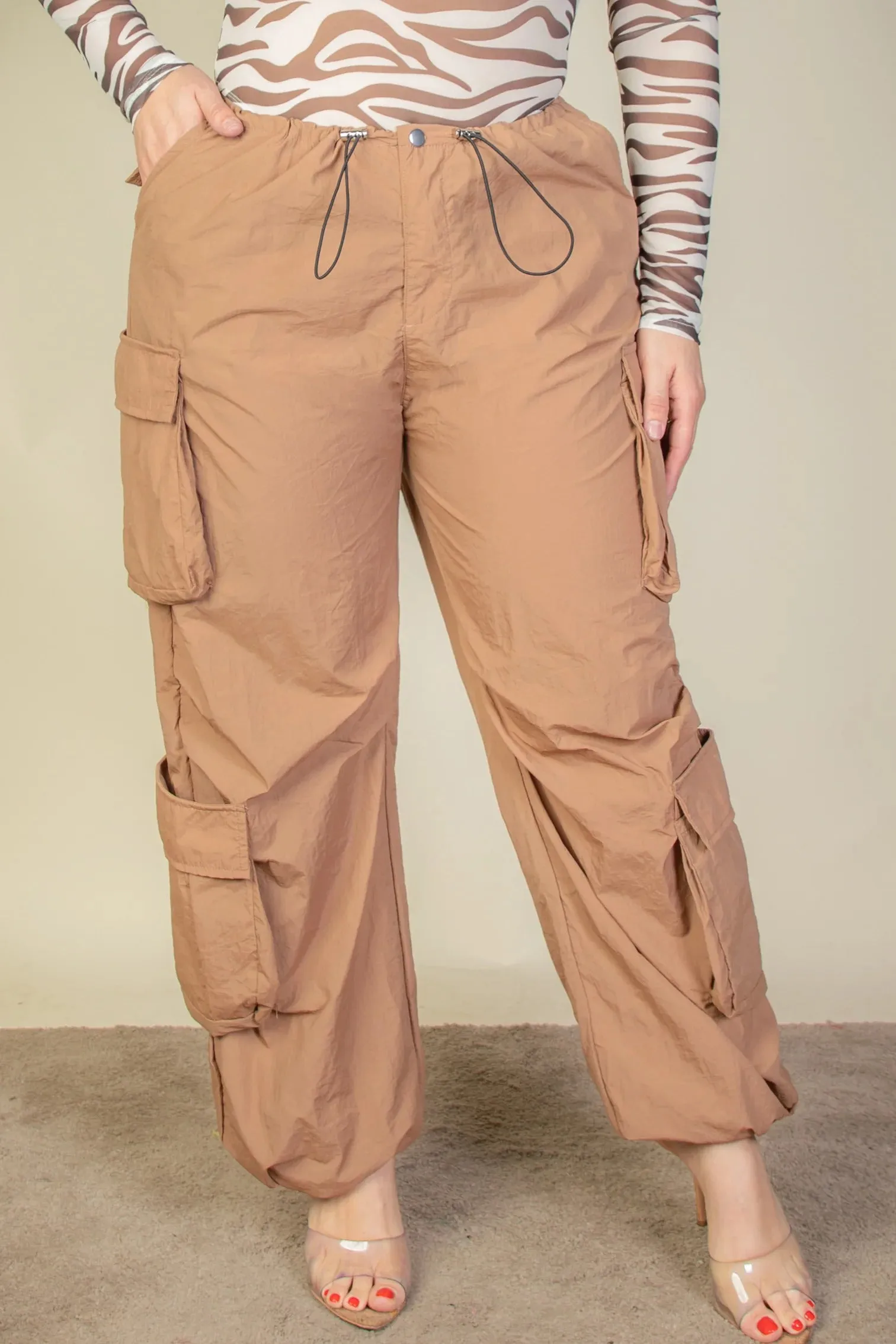 Plus Size Women Flap Pockets Drawstring Ruched Parachute Pants