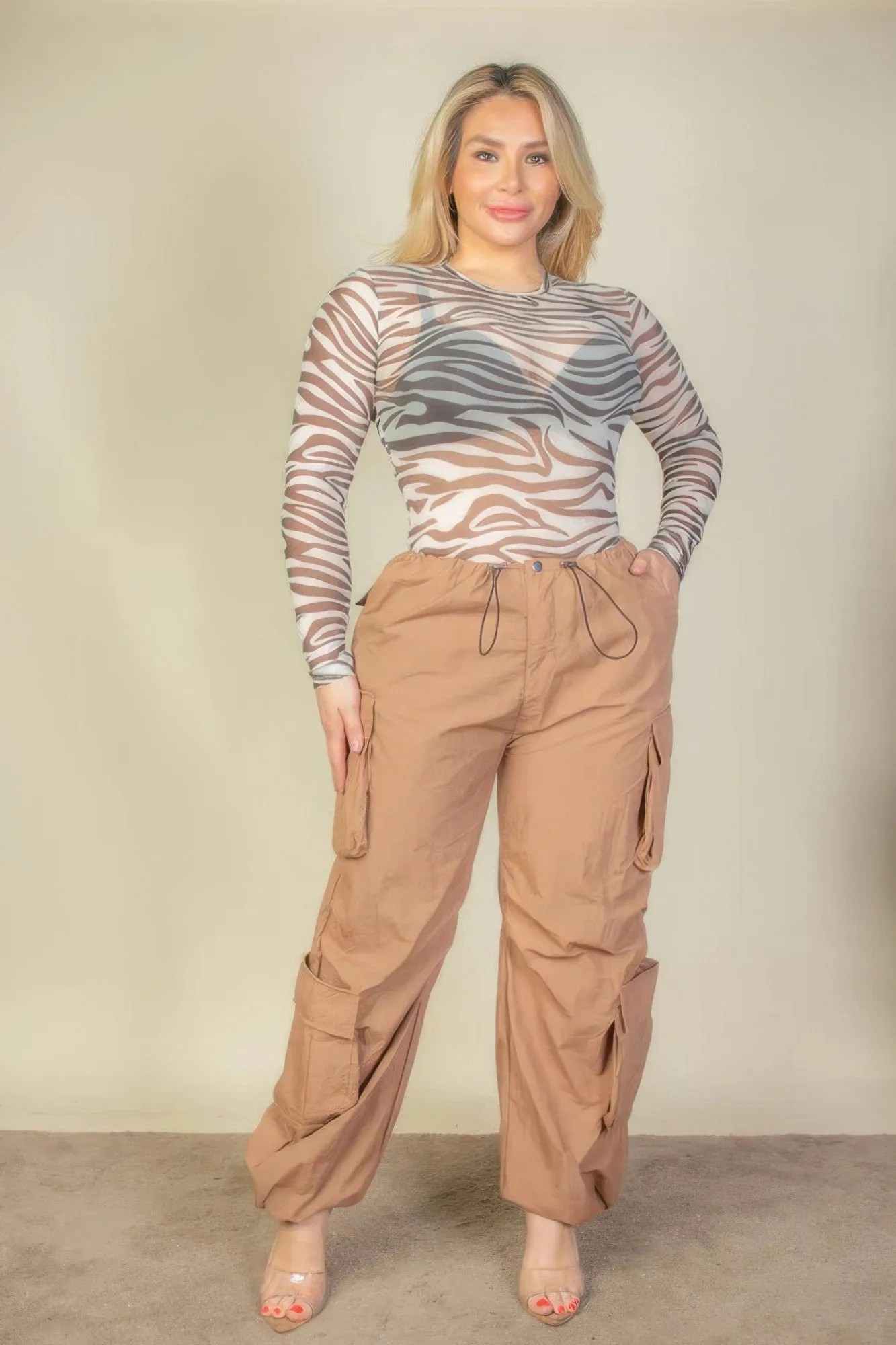 Plus Size Women Flap Pockets Drawstring Ruched Parachute Pants